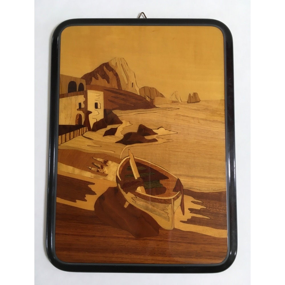 Mariorita Ana-Capri Italy Marquetry Wood Wall Hanging Of Shoreline Rowboat Cliff
